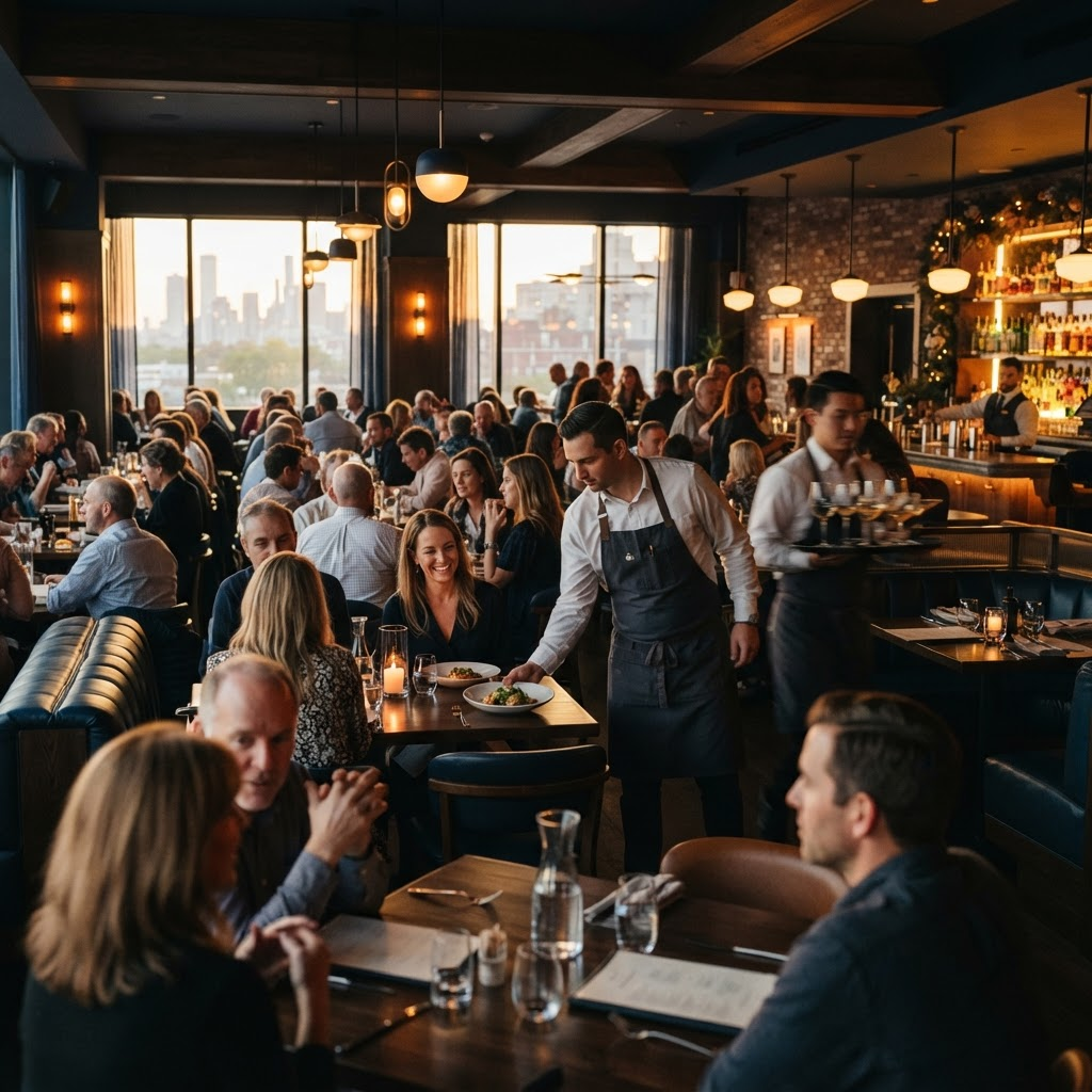 A warm, busy restaurant dining room
